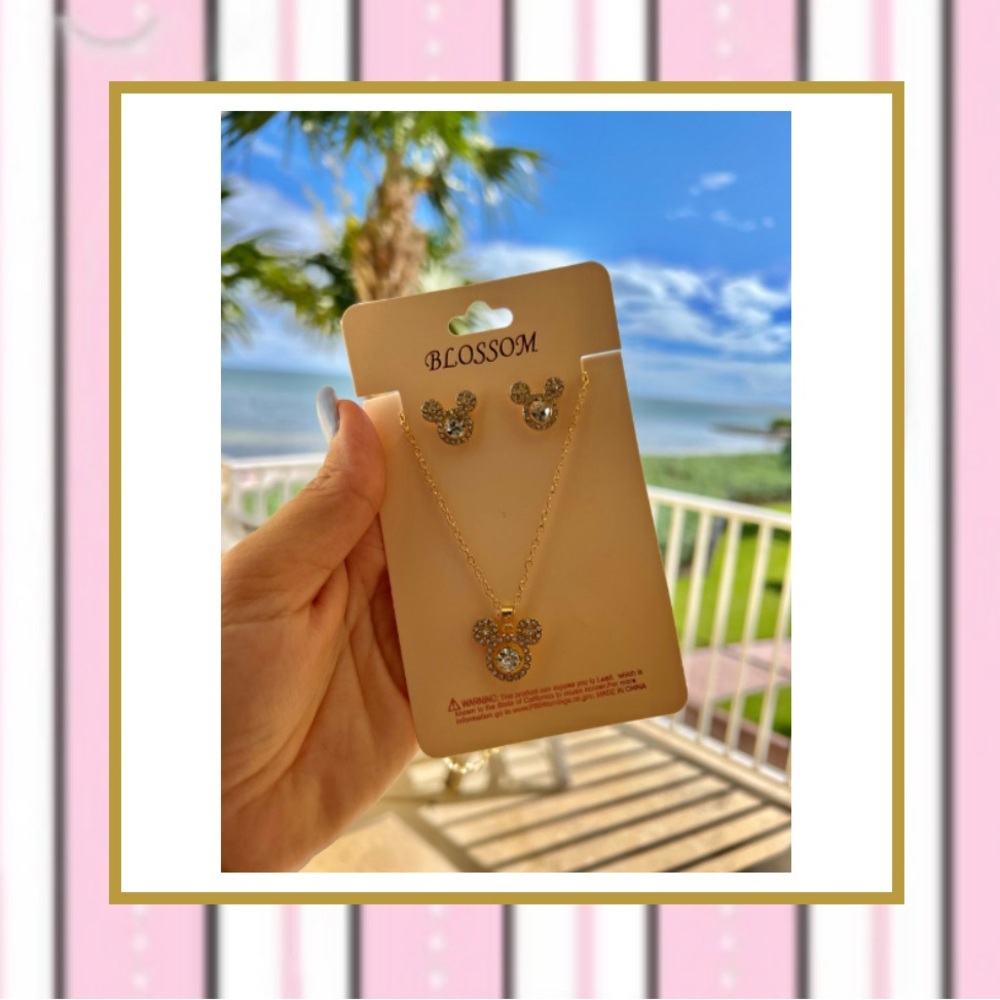 Mickey ear shape earrings & necklace set - Gold color NEW